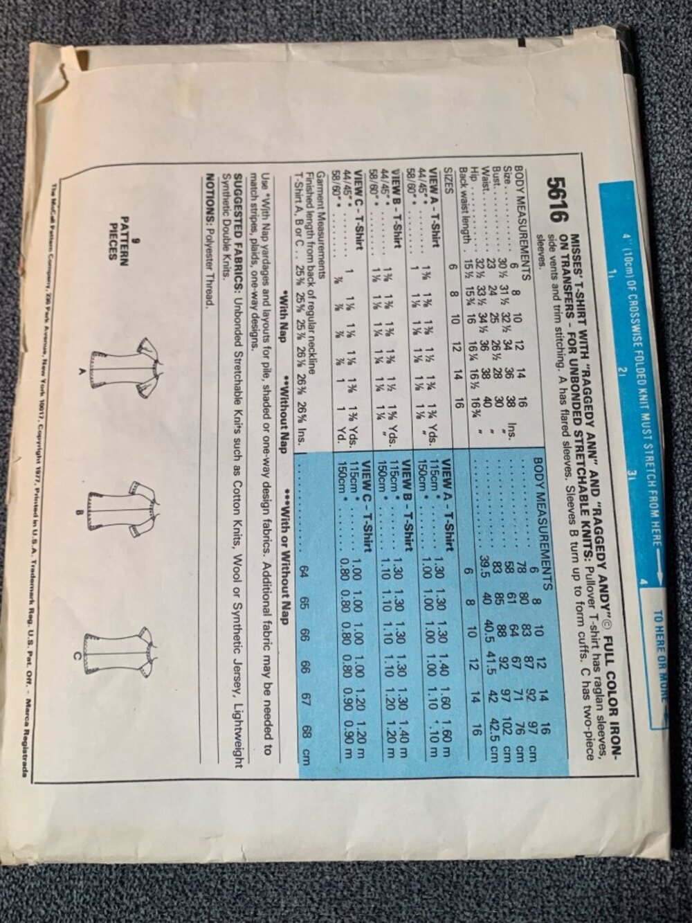 McCall's Misses Shirt Raggedy Ann & Andy Transfers Sewing Pattern Size 8 5616 Un - Picture 3 of 5